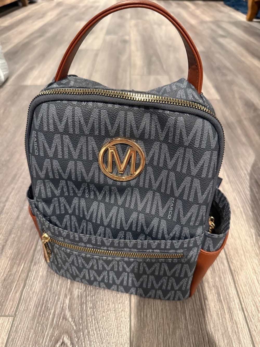 Madden Girl Gray Monogram Mini Backpack with Brown Trim